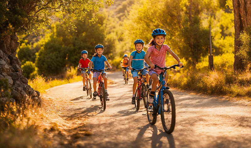 children on bikes on a bike path in Spain