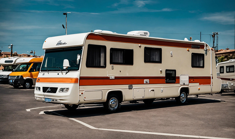 motorhomes parked in a parking lot in a Spanish ci