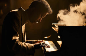 músico de jazz tocando el piano entre la penumbra